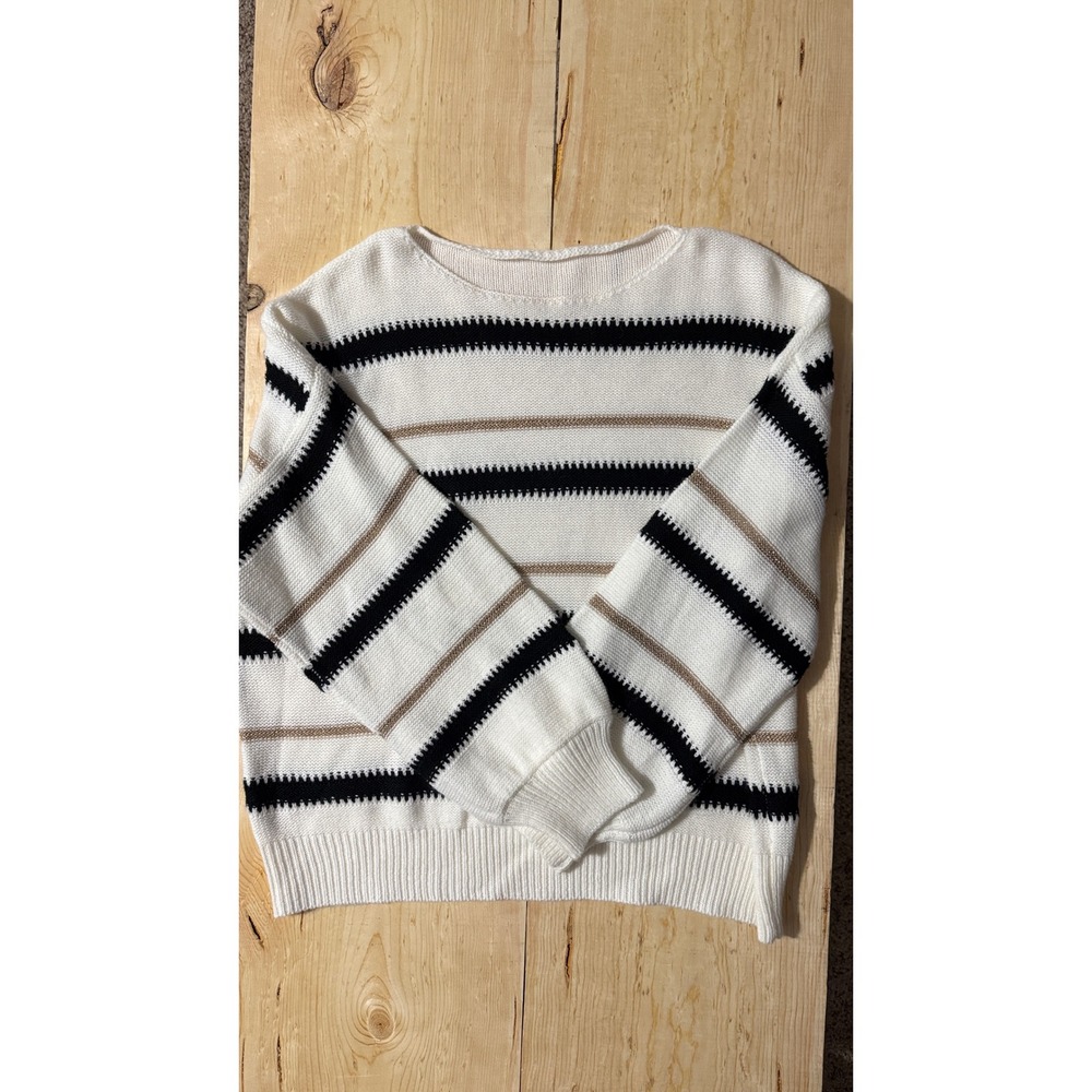 Womens XL Striped Knit Sweater White Black Gold Metallic Boat Neck‎